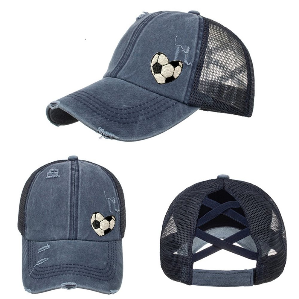 NEW Embroidered Soccer Heart Navy Distressed High Ponytail Trucker Hat